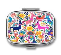 Pill Box Mexican Otomi Animals 2 Compartment Medicine Pill Case Portable Metal Travel Medicine Box for Pocket Or Purse