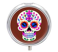 Pill Box Mexican Skull Round Metal Pill Case with 3 Compartments Portable Mini Medicine Drug Holder Travel Medicine Tablet Vitamin Holder Organizer