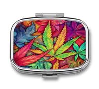 Pill Box Multicolor Leaf Weed Art 2 Compartment Medicine Pill Case Portable Metal Travel Medicine Box for Pocket Or Purse