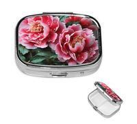 Pill Box Pill Case 2 Compartment Small Pill Organizer for Purse & Pocket Travel Pillbox Beautiful Peony Flower Cute Medicine Organizer Pill Container Holder to Hold Vitamins Fish Oil