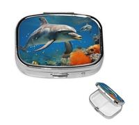 Pill Box Pill Case 2 Compartment Small Pill Organizer for Purse & Pocket Travel Pillbox Dolphins Blue Cute Medicine Organizer Pill Container Holder to Hold Vitamins Fish Oil