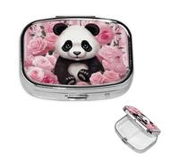 Pill Box Pill Case 2 Compartment Small Pill Organizer for Purse & Pocket Travel Pillbox Panda Rose Flowers White Stripe Cute Medicine Organizer Pill Container Holder to Hold Vitamins Fish Oil