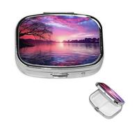 Pill Box Pill Case 2 Compartment Small Pill Organizer for Purse & Pocket Travel Pillbox Purple Sunset on Water Cute Medicine Organizer Pill Container Holder to Hold Vitamins Fish Oil