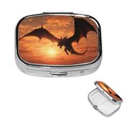 Pill Box Pill Case 2 Compartment Small Pill Organizer for Purse & Pocket Travel Pillbox Sea Sunset Flying Dragon Cute Medicine Organizer Pill Container Holder to Hold Vitamins Fish Oil