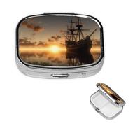 Pill Box Pill Case 2 Compartment Small Pill Organizer for Purse & Pocket Travel Pillbox Ship in The Lake Sunset Cute Medicine Organizer Pill Container Holder to Hold Vitamins Fish Oil