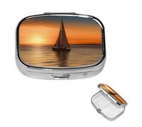 Pill Box Pill Case 2 Compartment Small Pill Organizer for Purse & Pocket Travel Pillbox Sunset Beach Sailboat Cute Medicine Organizer Pill Container Holder to Hold Vitamins Fish Oil