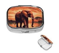 Pill Box Pill Case 2 Compartment Small Pill Organizer for Purse & Pocket Travel Pillbox Sunset Elephant Cute Medicine Organizer Pill Container Holder to Hold Vitamins Fish Oil
