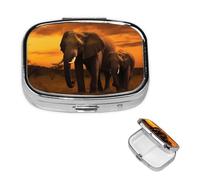 Pill Box Pill Case 2 Compartment Small Pill Organizer for Purse & Pocket Travel Pillbox Sunset Parent-Child Elephant Cute Medicine Organizer Pill Container Holder to Hold Vitamins Fish Oil