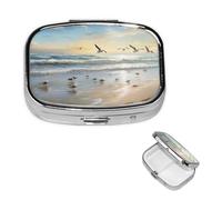 Pill Box Pill Case 2 Compartment Small Pill Organizer for Purse & Pocket Travel Pillbox The Beach with Sea Birds Cute Medicine Organizer Pill Container Holder to Hold Vitamins Fish Oil