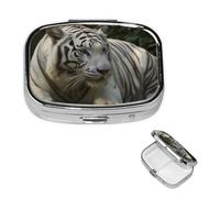 Pill Box Pill Case 2 Compartment Small Pill Organizer for Purse & Pocket Travel Pillbox White Bengal Tiger Cute Medicine Organizer Pill Container Holder to Hold Vitamins Fish Oil