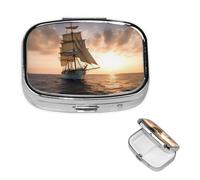 Pill Box Pill Case 2 Compartment Small Pill Organizer for Purse & Pocket Travel Pillbox White Sailing Ship at Sunset Cute Medicine Organizer Pill Container Holder to Hold Vitamins Fish Oil