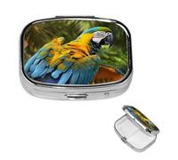 Pill Box Pill Case 2 Compartment Small Pill Organizer for Purse & Pocket Travel Pillbox Yellow Wings Blue Parrot Cute Medicine Organizer Pill Container Holder to Hold Vitamins Fish Oil