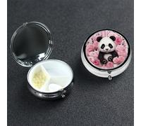 Pill Box Pill Case 3 Compartment Small Pill Organizer for Purse & Pocket Travel Pillbox Panda Rose Flowers White Stripe Cute Medicine Organizer Pill Container Holder to Hold Vitamins Fish Oil