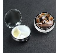 Pill Box Pill Case 3 Compartment Small Pill Organizer for Purse & Pocket Travel Pillbox Papillon Lying on Tummy Cute Medicine Organizer Pill Container Holder to Hold Vitamins Fish Oil