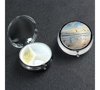 Pill Box Pill Case 3 Compartment Small Pill Organizer for Purse & Pocket Travel Pillbox The Beach with Sea Birds Cute Medicine Organizer Pill Container Holder to Hold Vitamins Fish Oil
