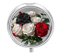 Pill Box Portable Black White and Red Roses Pill Case Cute Pill Organizer for Vitamins Supplements