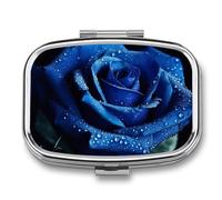 Pill Box Portable Blue Rose Pill Organizer Travel Pill Case for Pocket Or Purse Medicine Pill Container with Mirror 2 Compartments Daily Medicine Organizer
