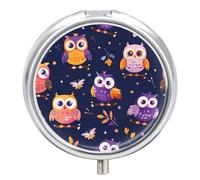 Pill Box Portable Cartoon Owl Pattern Pill Organizer Travel Pill Case for Pocket Or Purse Medicine Pill Container with Mirror 3 Compartments Daily Medicine Organizer