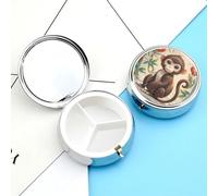 Pill Box Portable Chinese Style Monkey Pill Organizer Travel Pill Case for Pocket Or Purse Medicine Pill Container with Mirror 3 Compartments Daily Medicine Organizer