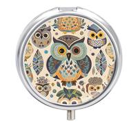 Pill Box Portable Color Owl Pattern Pill Organizer Travel Pill Case for Pocket Or Purse Medicine Pill Container with Mirror 3 Compartments Daily Medicine Organizer