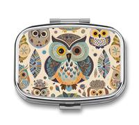Pill Box Portable Color Owl Pattern Pill Organizer Travel Pill Case for Pocket Or Purse Medicine Pill Container with Mirror 2 Compartments Daily Medicine Organizer