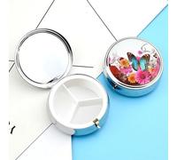 Pill Box Portable Colorful Flower Butterfly Pill Organizer Travel Pill Case for Pocket Or Purse Medicine Pill Container with Mirror 3 Compartments Daily Medicine Organizer