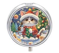 Pill Box Portable Cute Cat Sing Christmas Carols Pill Organizer Travel Pill Case for Pocket Or Purse Medicine Pill Container with Mirror 3 Compartments Daily Medicine Organizer