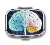 Pill Box Portable Geometry Brain Image with Science Pill Organizer Travel Pill Case for Pocket Or Purse Medicine Pill Container with Mirror 2 Compartments Daily Medicine Organizer