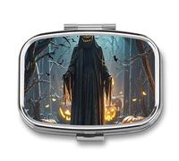 Pill Box Portable Ghosts Haunt The Night Pill Organizer Travel Pill Case for Pocket Or Purse Medicine Pill Container with Mirror 2 Compartments Daily Medicine Organizer
