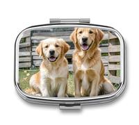 Pill Box Portable Golden Retriever Dogs Puppies Pets Pill Organizer Travel Pill Case for Pocket Or Purse Medicine Pill Container with Mirror 2 Compartments Daily Medicine Organizer