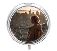 Pill Box Portable Overlooking The City Pill Organizer Travel Pill Case for Pocket Or Purse Medicine Pill Container with Mirror 3 Compartments Daily Medicine Organizer