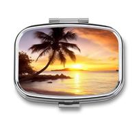 Pill Box Portable Sunrise Tropical Palm Tree Island Pill Organizer Travel Pill Case for Pocket Or Purse Medicine Pill Container with Mirror 2 Compartments Daily Medicine Organizer