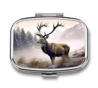 Pill Box Portable Wild Deer Pill Organizer Travel Pill Case for Pocket Or Purse Medicine Pill Container with Mirror 2 Compartments Daily Medicine Organizer