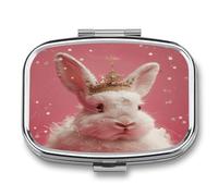 Pill Box Rabbit Wearing A Crown 2 Compartment Medicine Pill Case Portable Metal Travel Medicine Box for Pocket Or Purse