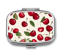 Pill Box Red Cherry Pattern Travel Pill Organizer 2-Compartment Portable Medicine Case with Mirror Design for Vitamins, Jewelry & Essentials Durable Pocket Pillbox for Purse, Camping