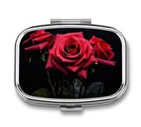 Pill Box Red Rose and Black Leaves Travel Pill Organizer 2-Compartment Portable Medicine Case with Mirror Design for Vitamins, Jewelry & Essentials Durable Pocket Pillbox for Purse, Camping