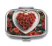 Pill Box Red Rose Love Heart Travel Pill Organizer 2-Compartment Portable Medicine Case with Mirror Design for Vitamins, Jewelry & Essentials Durable Pocket Pillbox for Purse, Camping