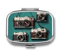 Pill Box Retro Cool Camera Collection Travel Pill Organizer 2-Compartment Portable Medicine Case with Mirror Design for Vitamins, Jewelry & Essentials Durable Pocket Pillbox for Purse, Camping