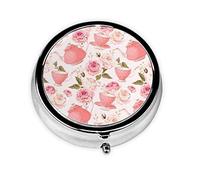 Pill Box, Round Pill Case Medicine Organizer Travel Pill Box Mini Container Travel Pill Organizer,Pink Teapot Printed