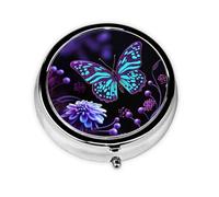 Pill Box Round Purple Butterfly and Flowers Cute Small Pill Box 3 Compartments Purse Pill Box Portable Pill Box for Containing Vitamins Medicine Fish Oil Supplements