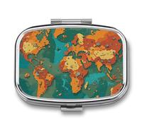 Pill Box Rust World Map Travel Pill Organizer 2-Compartment Portable Medicine Case with Mirror Design for Vitamins, Jewelry & Essentials Durable Pocket Pillbox for Purse, Camping