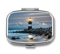 Pill Box Sea Lighthouse Travel Pill Organizer 2-Compartment Portable Medicine Case with Mirror Design for Vitamins, Jewelry & Essentials Durable Pocket Pillbox for Purse, Camping