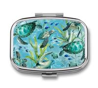 Pill Box Sea Turtle-Blue Travel Pill Organizer 2-Compartment Portable Medicine Case with Mirror Design for Vitamins, Jewelry & Essentials Durable Pocket Pillbox for Purse, Camping
