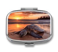 Pill Box Sea Turtle Sunset Travel Pill Organizer 2-Compartment Portable Medicine Case with Mirror Design for Vitamins, Jewelry & Essentials Durable Pocket Pillbox for Purse, Camping