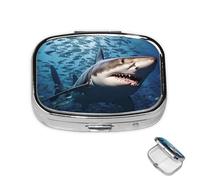 Pill Box Small Medicine Organizer with 2 Compartments A Shark Swims in The sea Pill Case for Pocket or Purse Mini Metal Pill Holder Portable Travel Pill Container to Hold Supplements Vitamins