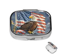 Pill Box Small Medicine Organizer with 2 Compartments America Flag and Eagle Pill Case for Pocket or Purse Mini Metal Pill Holder Portable Travel Pill Container to Hold Supplements Vitamins