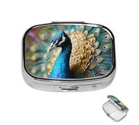 Pill Box Small Medicine Organizer with 2 Compartments Beautiful Peacock Pill Case for Pocket or Purse Mini Metal Pill Holder Portable Travel Pill Container to Hold Supplements Vitamins
