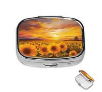Pill Box Small Medicine Organizer with 2 Compartments Beautiful Sunflower Field Sunset Pill Case for Pocket or Purse Mini Metal Pill Holder Portable Travel Pill Container to Hold Supplements Vitamins