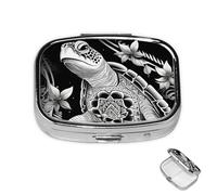 Pill Box Small Medicine Organizer with 2 Compartments Black and White Turtle Pattern Pill Case for Pocket or Purse Mini Metal Pill Holder Portable Travel Pill Container to Hold Supplements Vitamins
