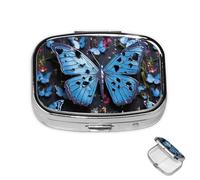 Pill Box Small Medicine Organizer with 2 Compartments Blue Butterfly Pill Case for Pocket or Purse Mini Metal Pill Holder Portable Travel Pill Container to Hold Supplements Vitamins